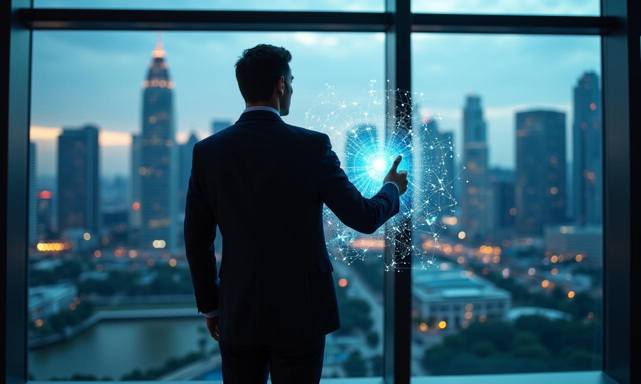 Modern business professional interacting with digital data visualization