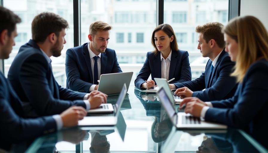 Corporate team discussing digital strategy in a collaborative workspace