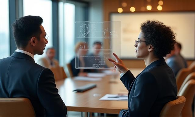 A confident executive leading a team discussion in a modern boardroom